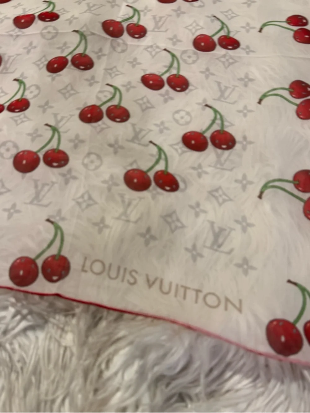 LOUIS VUlTTON 100% silk cherry print monogram scarf 40x40 custom print design